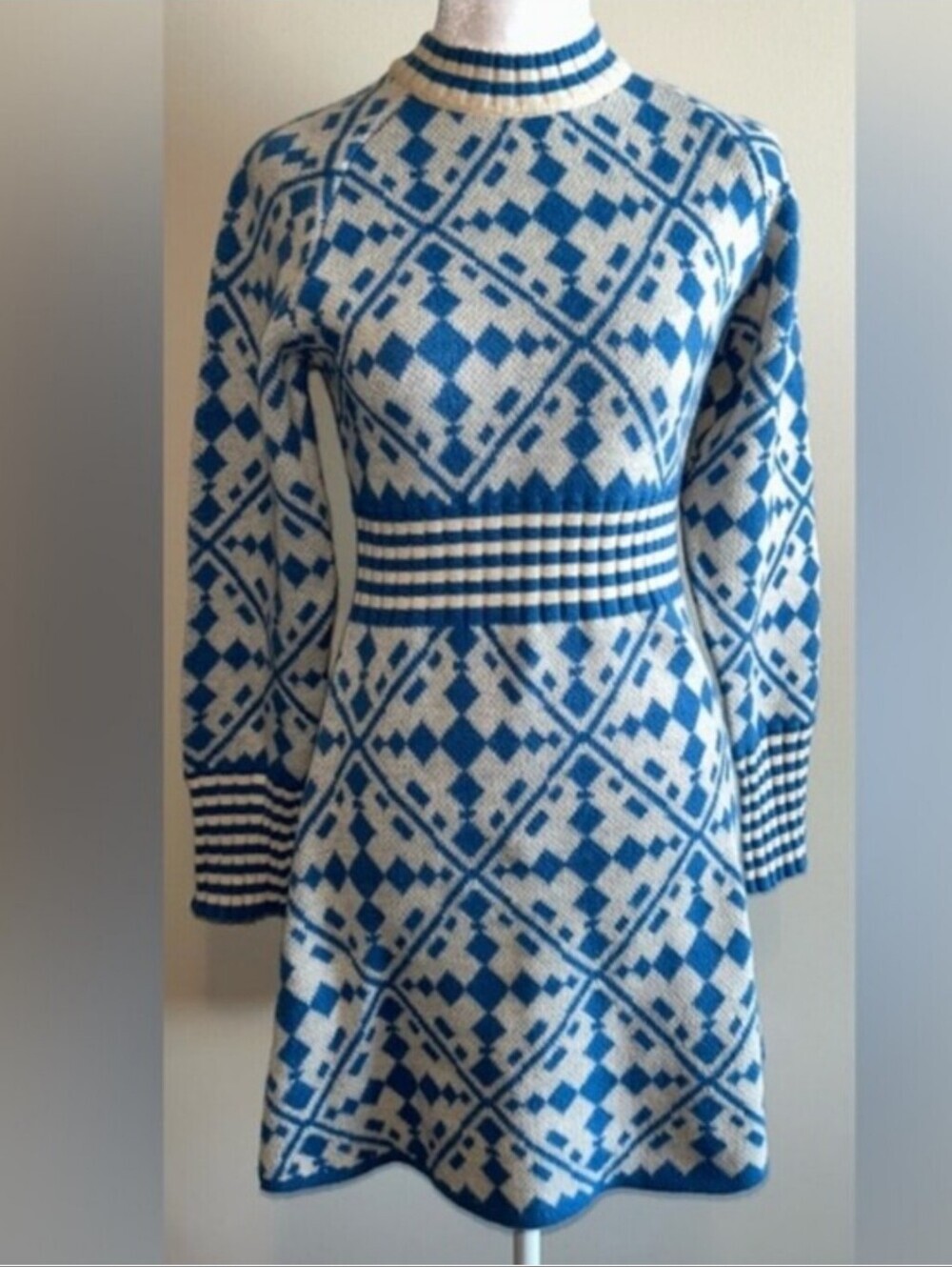 Blue & White Geometric Knit Mini Dress, Long Sleeve - Picture 2 of 4